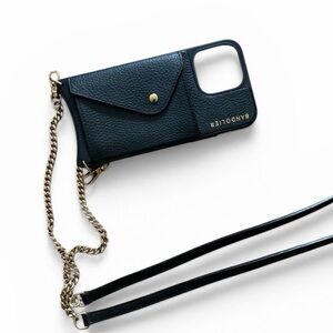 Bandolier Black Leather Crossbody Phone Case with Gold Chain Strap